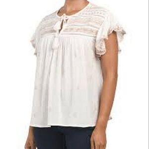 Rachel Zoe Embroidered Cotton Gauzy Flowy Vneck Tassel Boho Blouse Size 2X